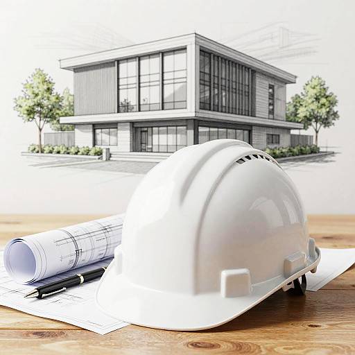 Construction Hard Hat with Blueprint Illustration