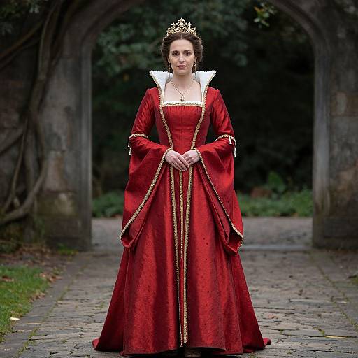 Photograph of a woman in a red Renaissance-style gown with gold trim, white ruffled collar, and gold crown, standing in an arched,