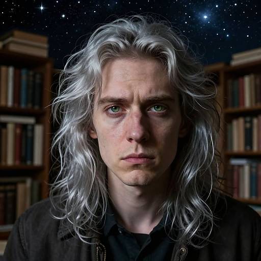 Photorealistic digital portrait of a serious man with long, wavy silver hair, green eyes, in a dark room with starry sky and book