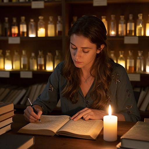 Photograph of a focused woman with long brown hair, wearing a dark blue embroidered shirt, writing in an open book by candlelight in a warmly lit