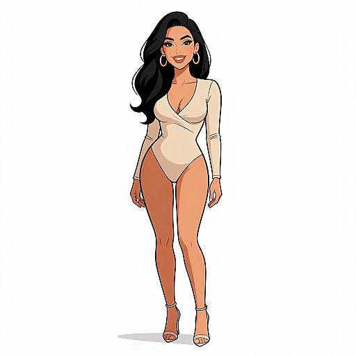 Digital illustration of a confident woman with long black hair, wearing a low-cut, beige long-sleeve bodysuit, high-cut thong,