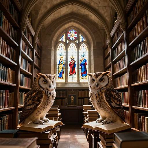 Photograph of two realistic owls sitting on books in a dimly lit, arched library, with a colorful stained glass window in the background.