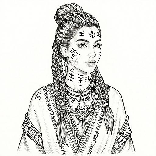 Black and white line drawing of a woman with braided hair, intricate facial tattoos, and traditional clothing, looking forward. Detailed jewelry and patterns on her