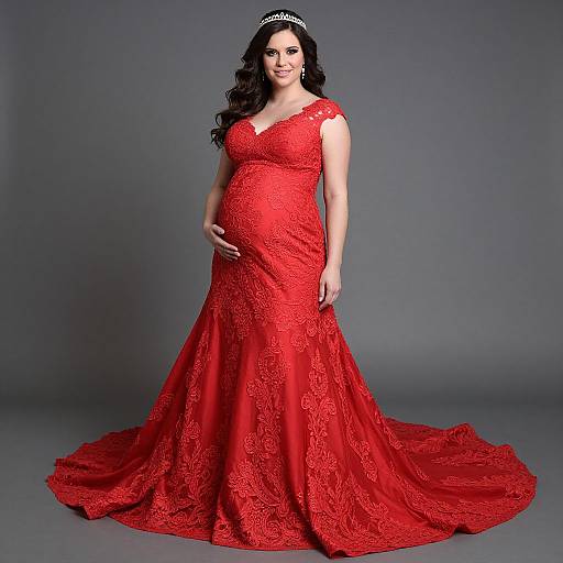 Pregnant woman in red lace wedding dress with sweetheart neckline and tiara, standing against gray background, gently touching belly.