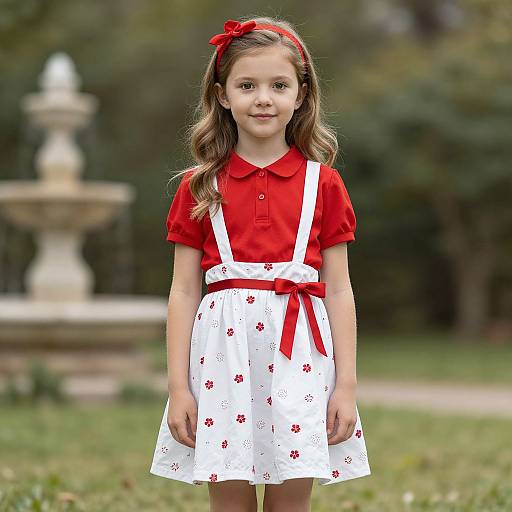 Photograph of a young girl with long brown hair, wearing a red shirt, white apron with red flowers, and red headband, standing in