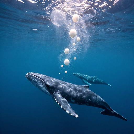 Photograph of two large, dark gray humpback whales swimming underwater in deep blue ocean, illuminated by sunlight filtering from above, with bubbles rising.