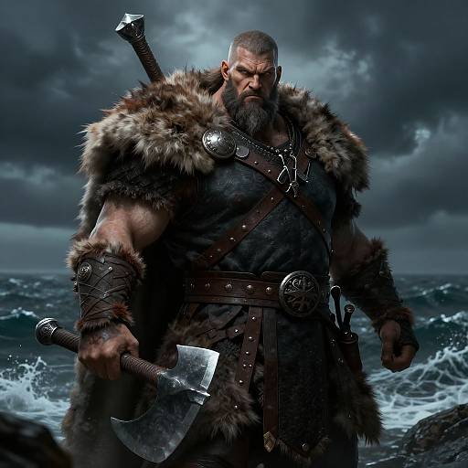 Muscular bearded Viking warrior with fur cloak, steel armor, and dual axes stands on stormy ocean shore under dark clouds. Digital art.