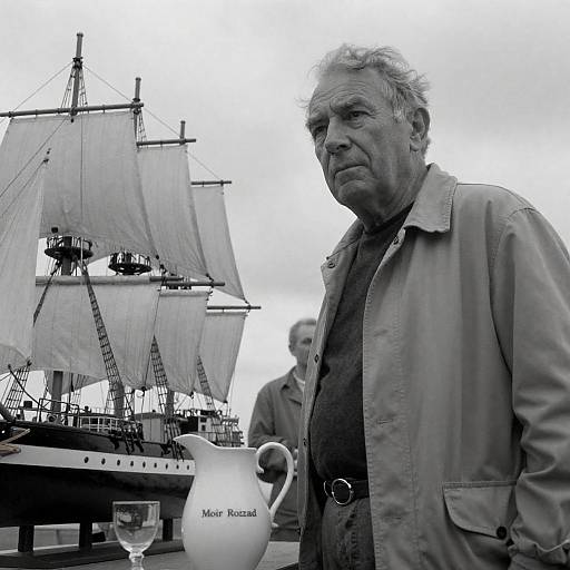 Serious Elder by a Model Ship