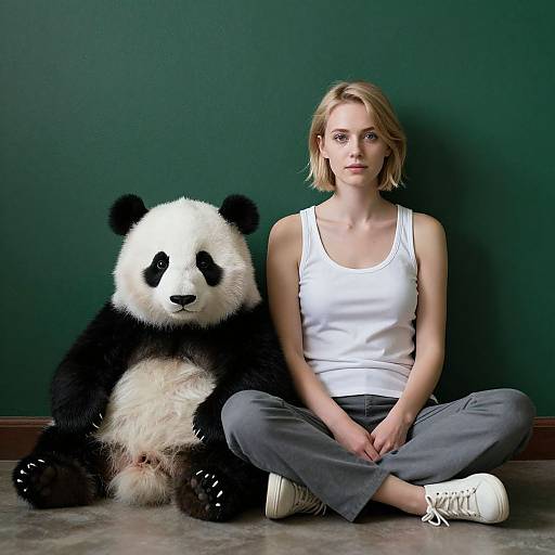 Photograph of a blonde woman in a white tank top and gray pants, sitting cross-legged beside a large panda stuffed toy against a dark green wall.