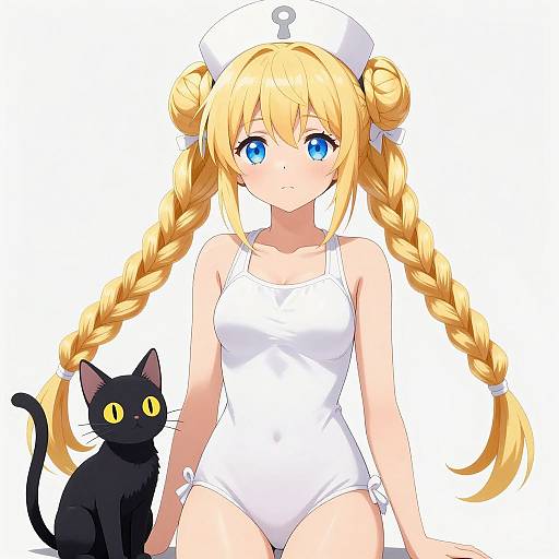 Anime-style digital drawing of a blonde girl with blue eyes, wearing a white sailor hat and swimsuit, standing with a black cat.