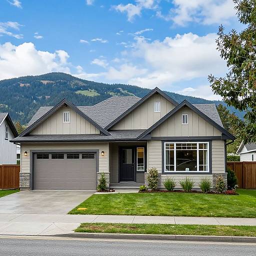 Photograph of a modern, beige, two-story suburban house with a gray garage, large windows, and a lush green lawn, set against a backdrop