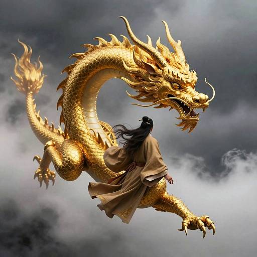 Taoist Facing Golden Loong in Mist