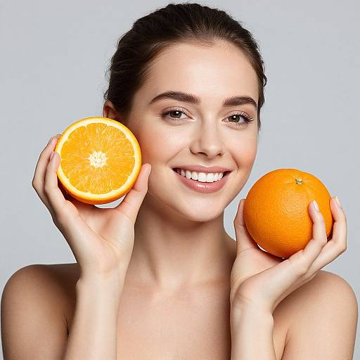Smiling Woman with Fresh Citrus Fruits