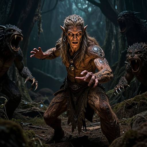 Photorealistic CGI of a fierce, muscular, pointy-eared werewolf with glowing eyes, growling, in a dark, misty forest