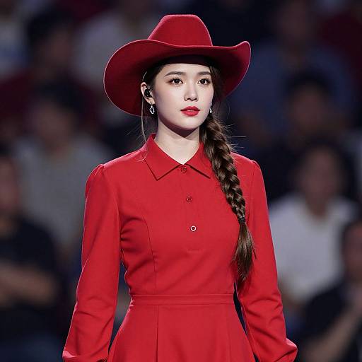 Photograph of an East Asian woman with fair skin, red hat, and matching red long-sleeve dress, braided hair, confident expression,