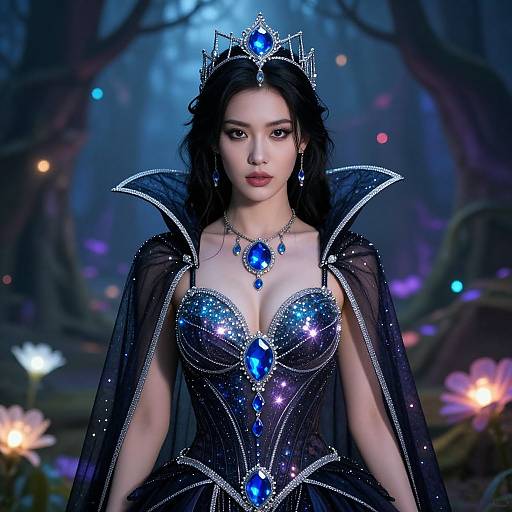 Digital artwork of an Asian princess in a dark, sparkly gown with blue gemstones, tiara, and cape, standing in a mystical forest with