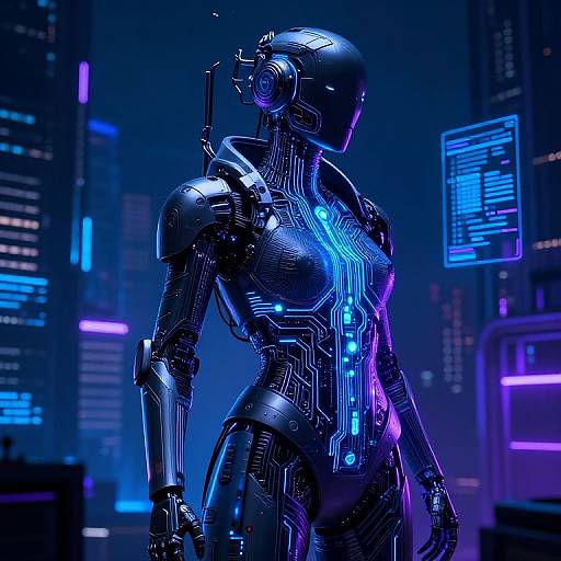 CGI image of a futuristic, neon-lit female android with glowing blue and purple circuitry, standing in a cyberpunk cityscape at night.