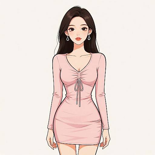Digital anime-style drawing of a beautiful East Asian woman with long black hair, wearing a tight, pink, long-sleeve dress with a V-neck