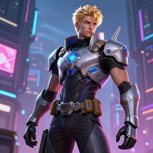 CGI image of a muscular blond man in futuristic, silver and black armor with blue glowing accents, standing in a neon-lit cityscape.