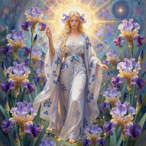 Digital painting of a radiant blonde woman with a glowing halo, wearing a white, floral-embroidered gown, surrounded by vibrant purple irises in