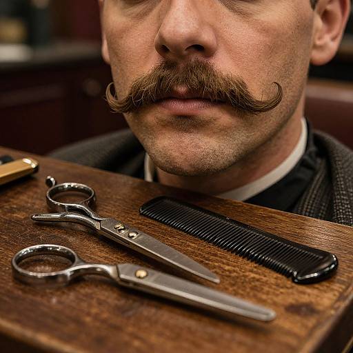 Close-up photograph of a man with a thick, curled mustache, wearing a black barber's apron, with vintage scissors and a black comb on