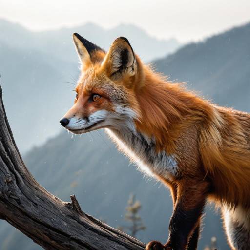 Red fox profile on oak branch Red fox profile on oak branch