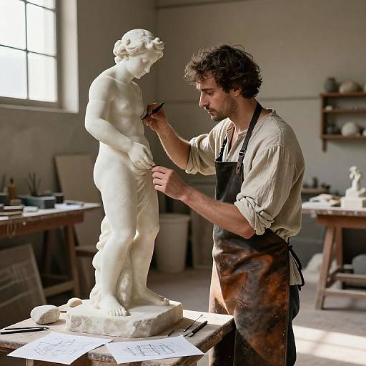 Photograph of a bearded sculptor with curly hair, wearing a beige shirt and brown apron, meticulously carving a white marble statue in a sun