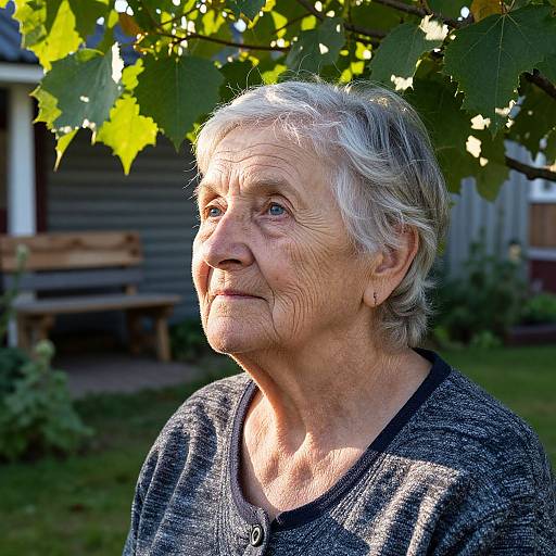 Photograph of an elderly woman with short gray hair, wearing a black and gray striped shirt, standing in a sunlit backyard. She looks upwards,