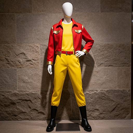 Photograph of a faceless mannequin in a red jacket, yellow pants, black boots, and white gloves, standing against a textured stone wall