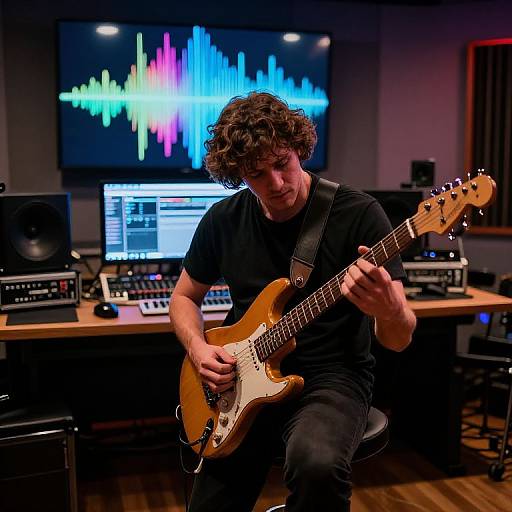 Photograph of a curly-haired man in a black shirt playing a brown electric guitar in a dimly lit recording studio with colorful audio waveforms on the