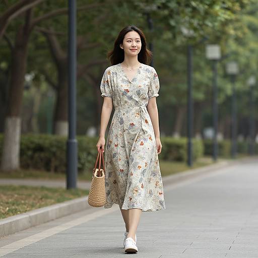 Photograph of an Asian woman with long black hair, wearing a white floral dress, white shoes, and a woven handbag, walking on a tree