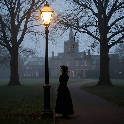 Victorian Woman Under Glowing Streetlamp