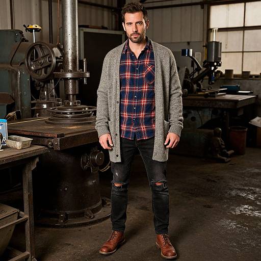 Photograph of a bearded man with short brown hair, wearing a gray cardigan, plaid shirt, ripped jeans, and brown boots, standing