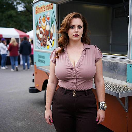 Photograph of a curvy, fair-skinned woman with large breasts, long brown hair, wearing a pink button-up shirt and black pants, standing