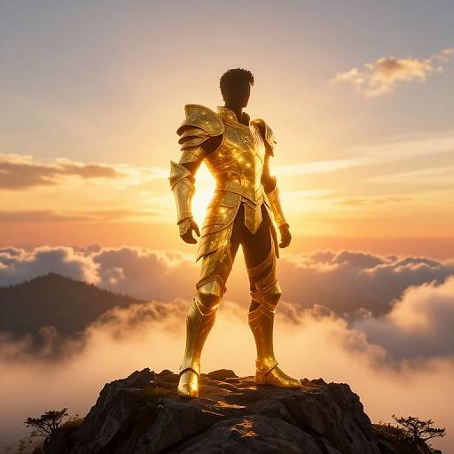 Silhouetted golden knight in armor stands on rocky peak at sunset, with clouds and mountains in the background. Photographic realism.