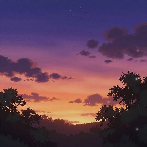 Twilight Anime Sky with Silhouettes