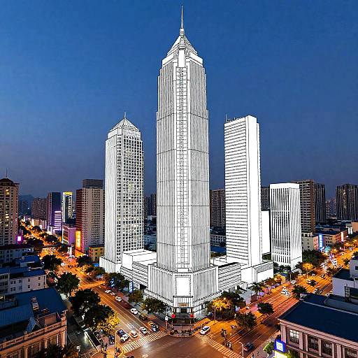 Digital art of a cityscape at dusk, featuring three illuminated, white, vertically-striped skyscrapers with vibrant, orange streetlights below.