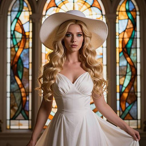 Blonde woman with long curls, wearing a white dress and wide-brimmed hat, stands in front of colorful stained glass windows. Photorealistic