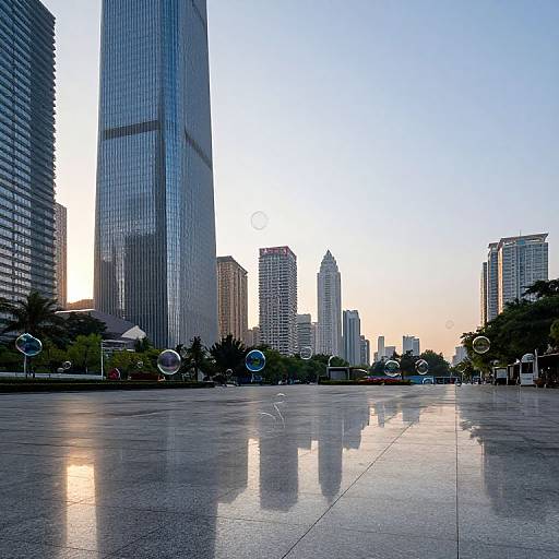 Photograph of a modern urban landscape at sunset, featuring tall glass skyscrapers, reflective pavement, circular road signs, and a clear sky.