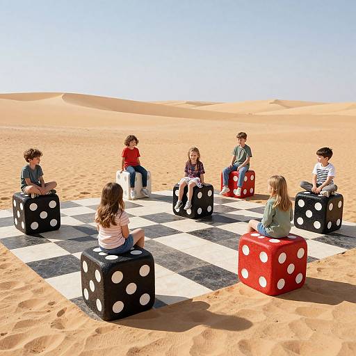 Children sit on polka-dotted dice in a desert, playing a giant checkered chess game under a clear blue sky.