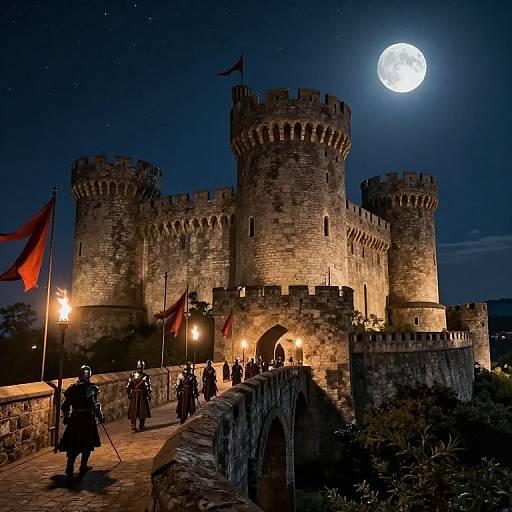 Photograph of a medieval stone castle at night, illuminated by moonlight, with soldiers in dark armor crossing a stone bridge, red flags waving, and