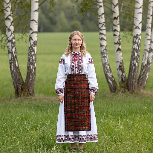 Photograph of a blonde girl in a white and red embroidered traditional dress, standing in a grassy field with birch trees.