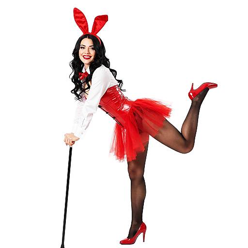 Playful Woman in Red Bunny Outfit