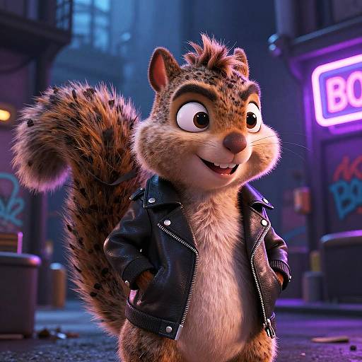 CGI furry squirrel in a black leather jacket, standing in a neon-lit urban street at night, smiling confidently.