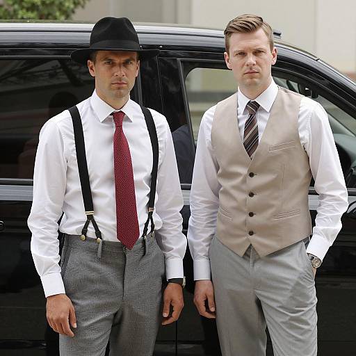 Stylish Duo by a Black Car