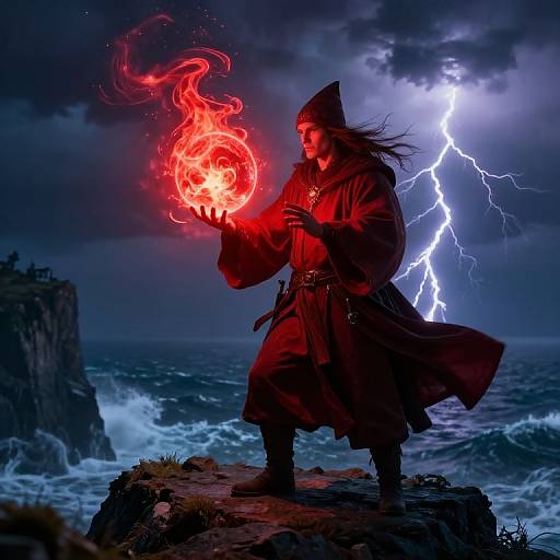 Magical warrior in red cloak holding fiery red orb, lightning bolt in stormy night sky, standing on rocky cliff by turbulent sea. Digital fantasy art