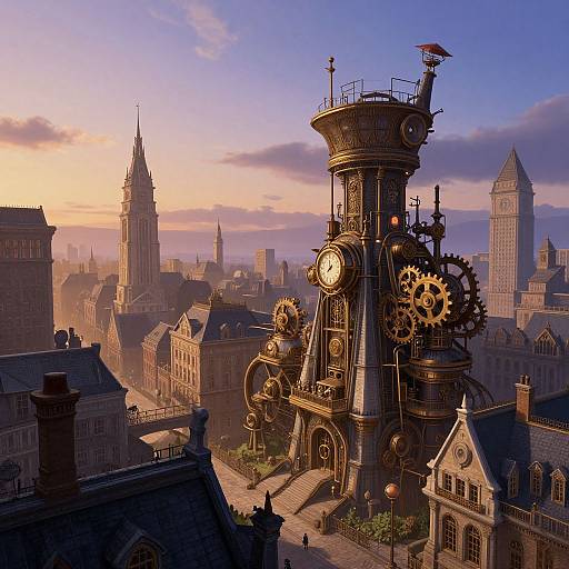 Steampunk cityscape photograph: towering clock tower with gears, surrounded by Gothic buildings, at sunset. Warm orange and purple sky.