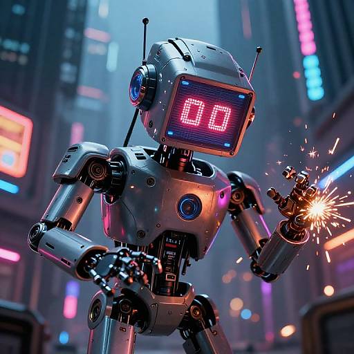 Cyberpunk-style CGI of a metallic robot with a neon red 