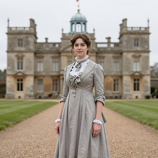 Photograph of a young woman in a Victorian-style grey dress standing in front of a grand, historic stone mansion with symmetrical windows and a central dome