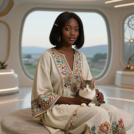 Photograph of a beautiful dark-skinned Black woman with shoulder-length black hair, wearing an intricately embroidered white traditional dress, sitting on a round ott